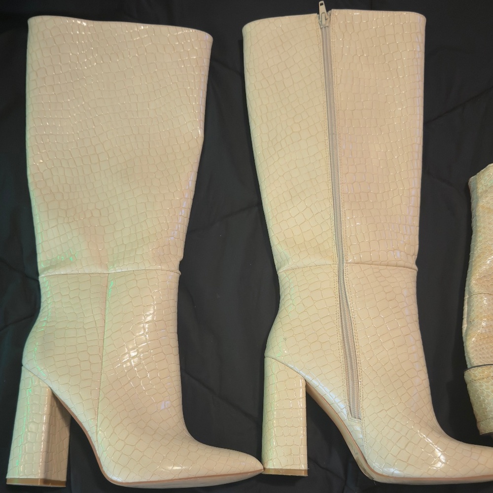 Cream colored 70 style faux snakeskin boots